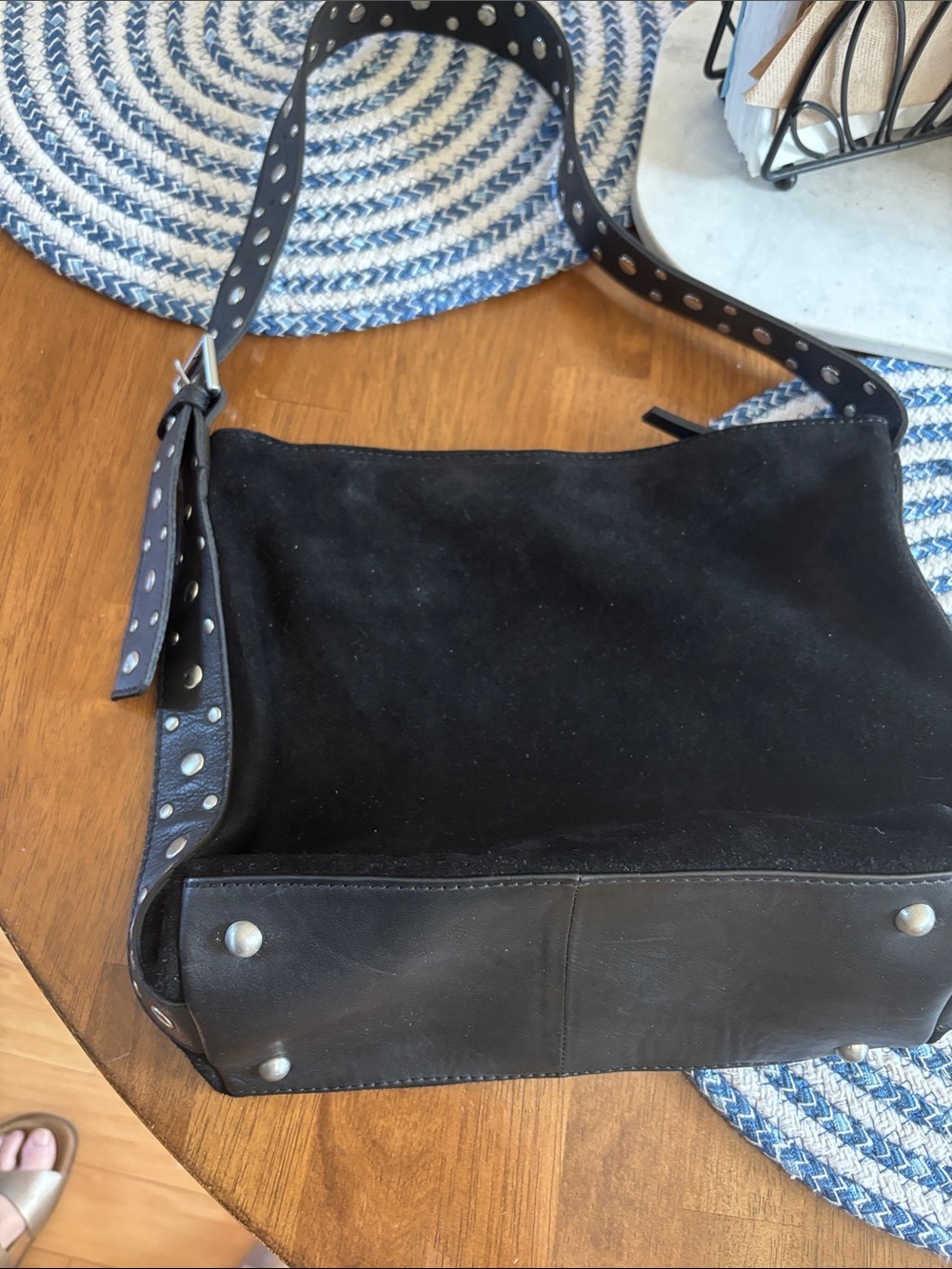 Black Suede and Leather Stud-Trim Shoulder Bag